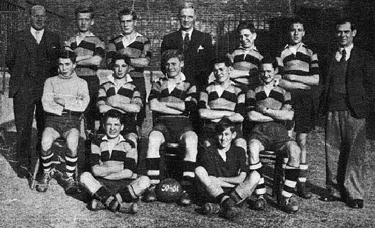 School Football Team, 1950. Back row: Mr W. Robinson, M. Riley, L. Revell, 